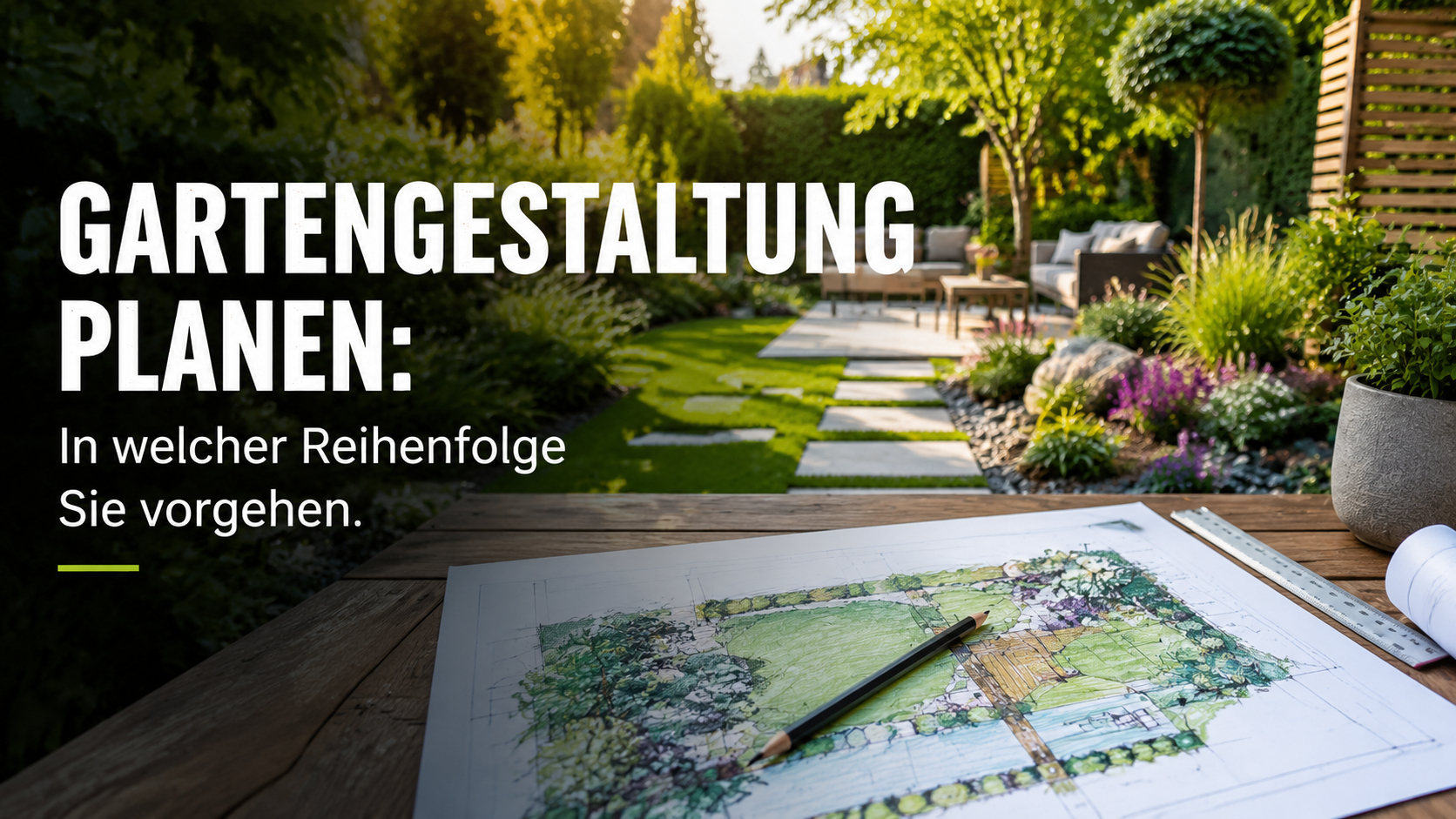 Geplante Außenanlage mit Wegen, Terrasse und Beeten